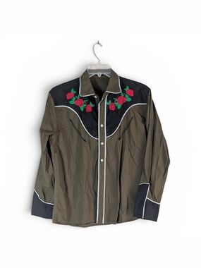 Men's Olive Western Button-Down Shirt with Rose Embroidery Sz.L
